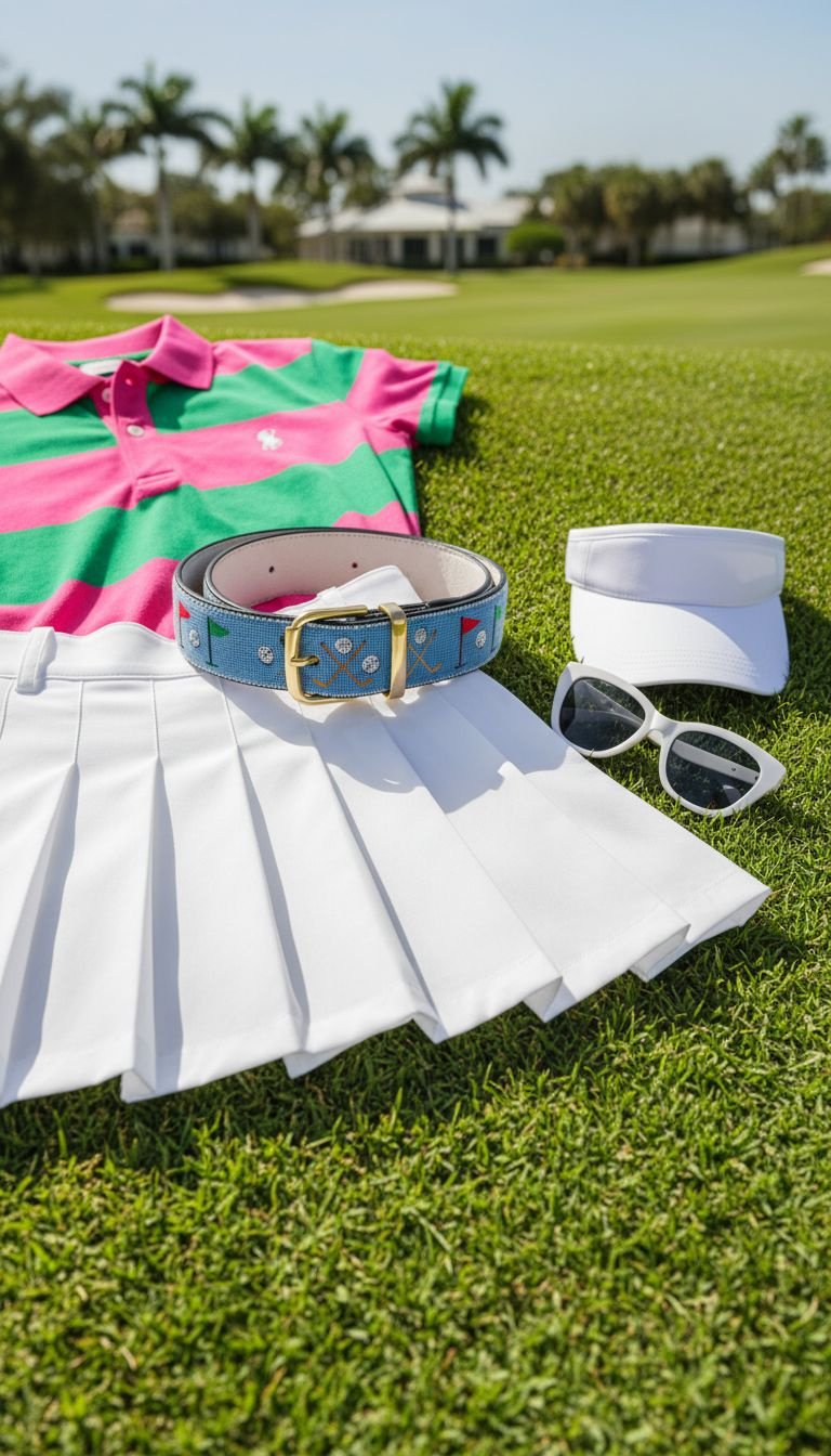 Golf Aesthetic Mood Board Ideas To Define Your Style Playful Preppy Golf Outfit Flat Lay With A Pink And Green Striped Polo, White Pleated Skirt, And Visor On Green Grass.