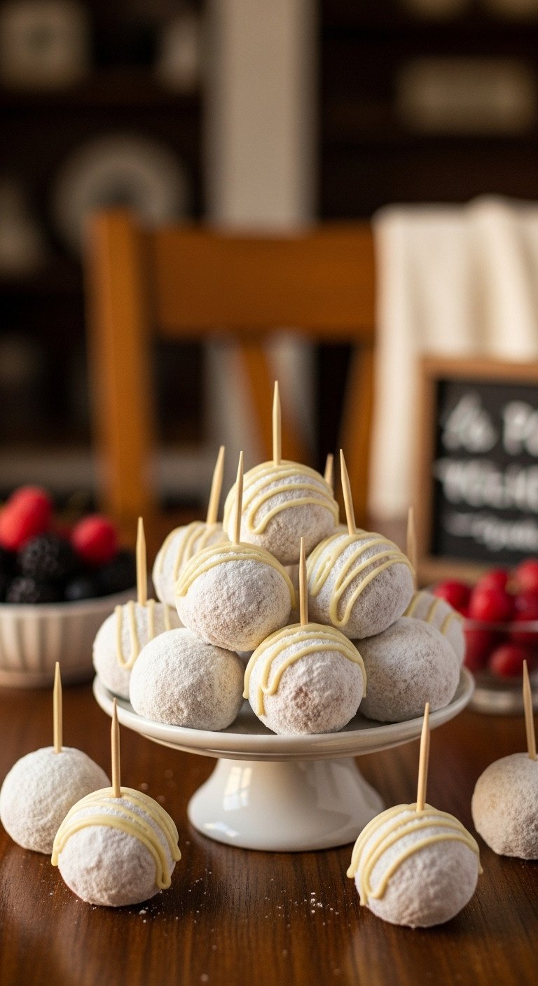 Powdered Sugar Mini Donuts, Decorated As Golf Balls With Glaze Dimples, On A Tiered Stand With Fresh Berries.