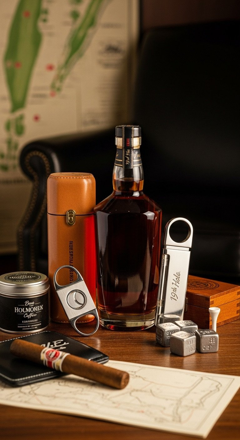 Premium Aged Bourbon Bottle With Leather Cigar Case, Silver Cutter, Engraved Whiskey Stones, Gourmet Coffee, And Golf Tee Box. 19Th Hole Luxury.