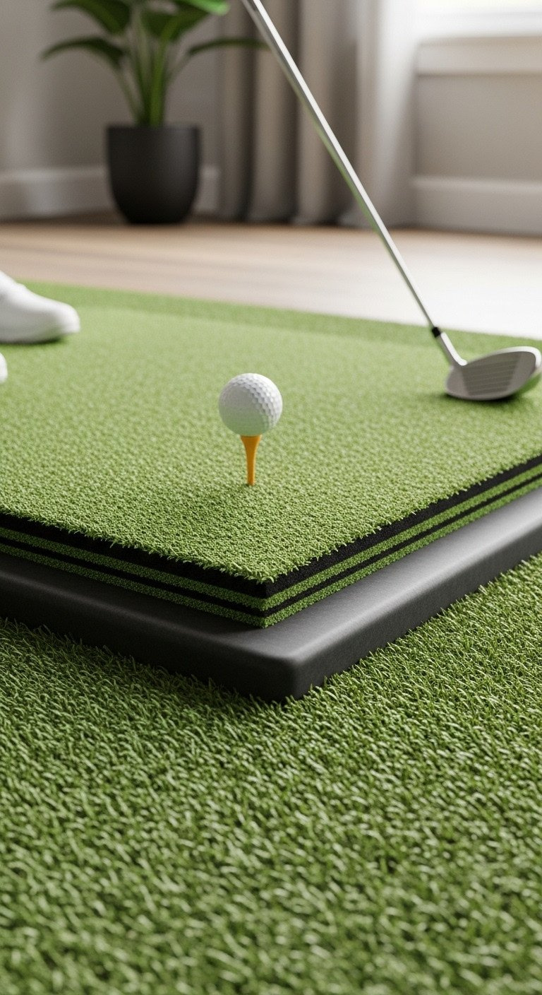 Premium Golf Simulator Hitting Mat With Seamless Synthetic Turf Surround, Golf Ball On Tee, Ready For Play.