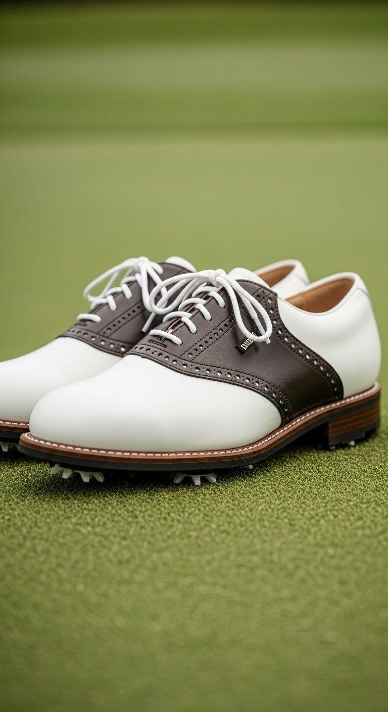 Pristine White Leather 80S Saddle Golf Shoes With Brown Panel And Traditional Spikes On A Short-Cut Putting Green, Evoking Vintage Style.