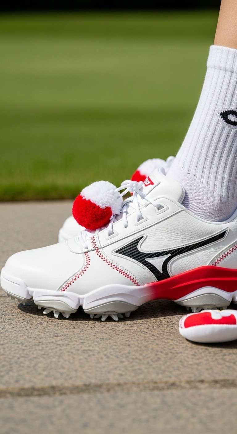 Pristine White Spikeless Women'S Golf Shoes With Bold Red Accents And Architectural Design On Stone. Modern Golf Footwear.