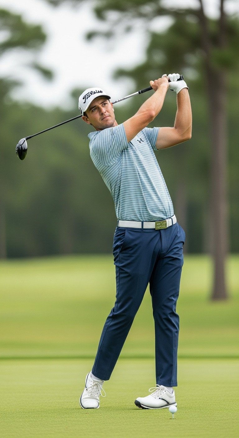 Ultimate Golf Photoshoot Ideas Poses And Pro Techniques Professional Golfer'S Powerful Full Swing Follow-Through On A Pristine Green Fairway, Club Head Sharp, Blurred Golf Course Background.