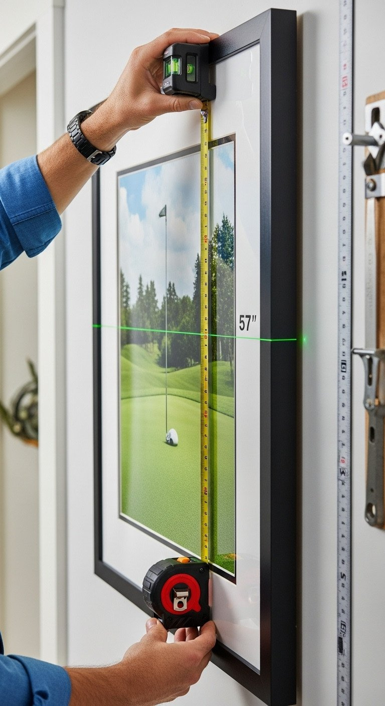 Smart Guide To Golf Wall Art Quality Sizing And Style Professional Installing Framed Golf Print With A Laser Level, Demonstrating The 57-Inch Rule For Perfect Eye-Level Wall Art Placement.
