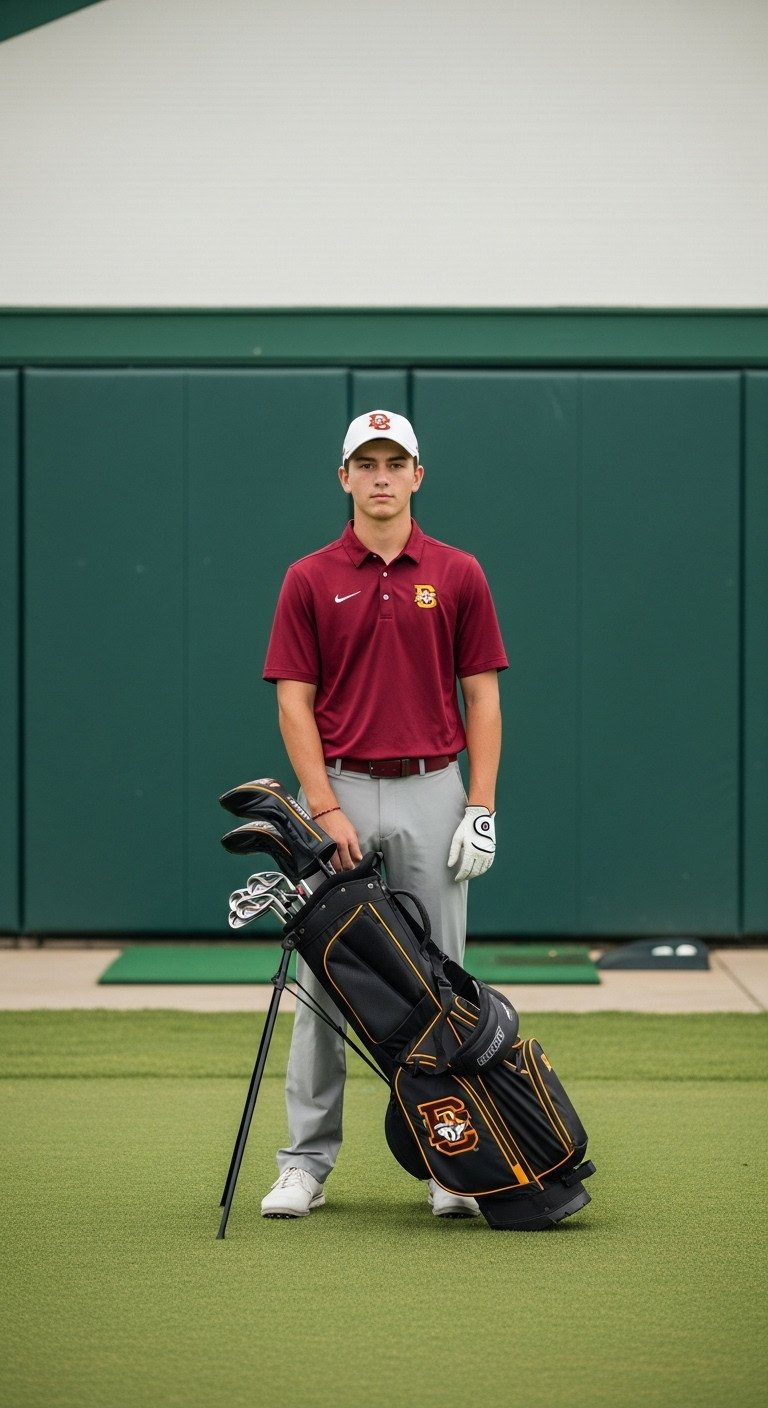 11 Golf Senior Picture Secrets And Pro Photography Tips Proud Senior Golfer In High School Golf Uniform, Holding Team Golf Bag, Standing On A Green Backdrop.
