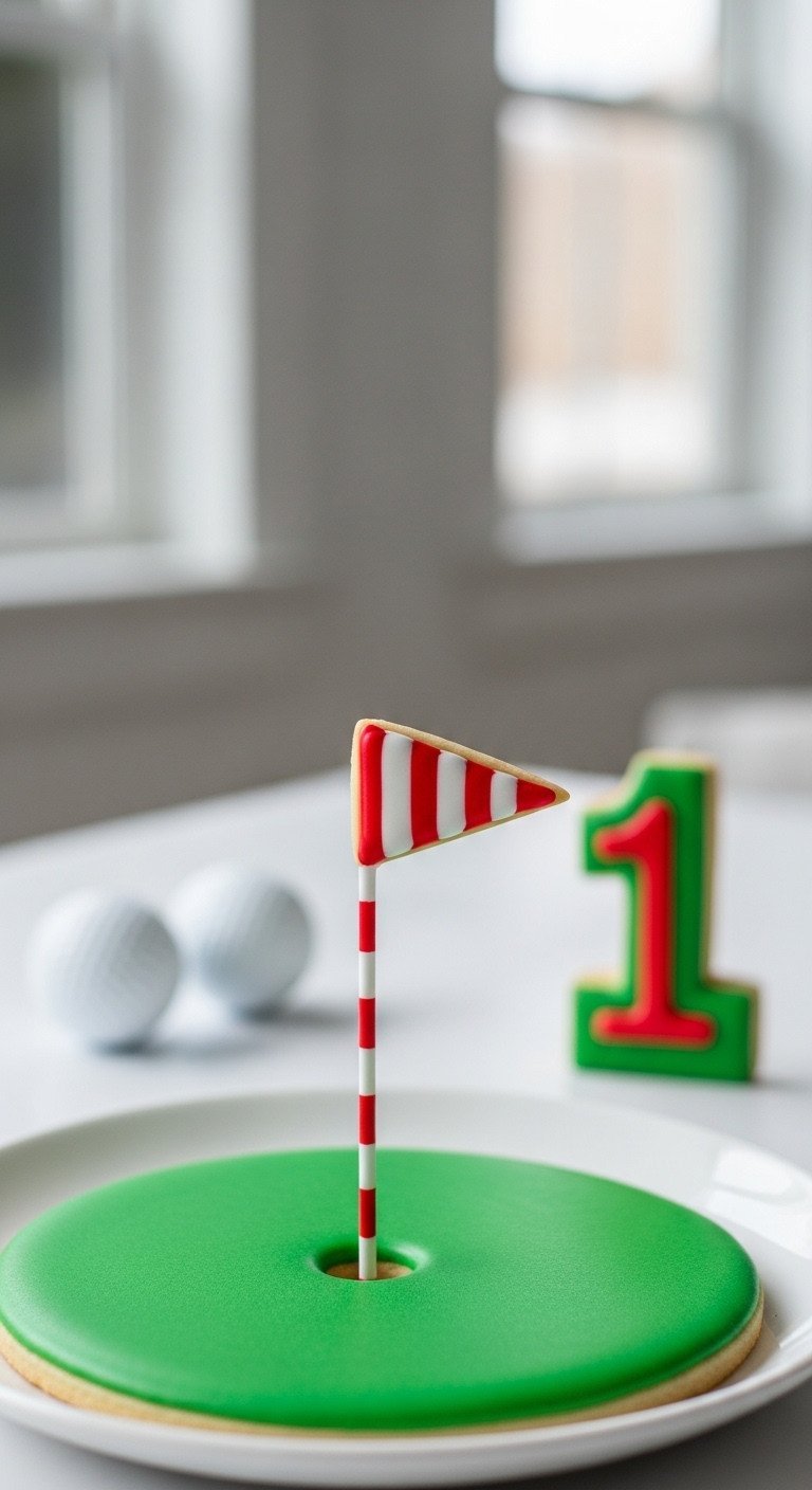 Putting Green Cookie With A Tall Red &Amp; White Striped Flagpole, Subtle Shadow, Golf Balls, And Number One.
