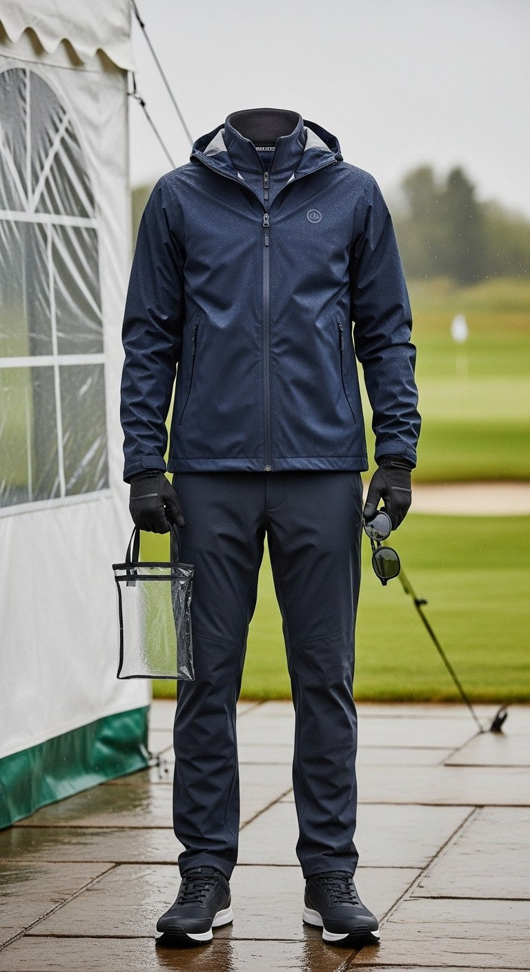 Rainy Day Golf Spectator Outfit: Navy Waterproof Jacket, Water-Repellent Trousers, Athletic Shoes On Stone.