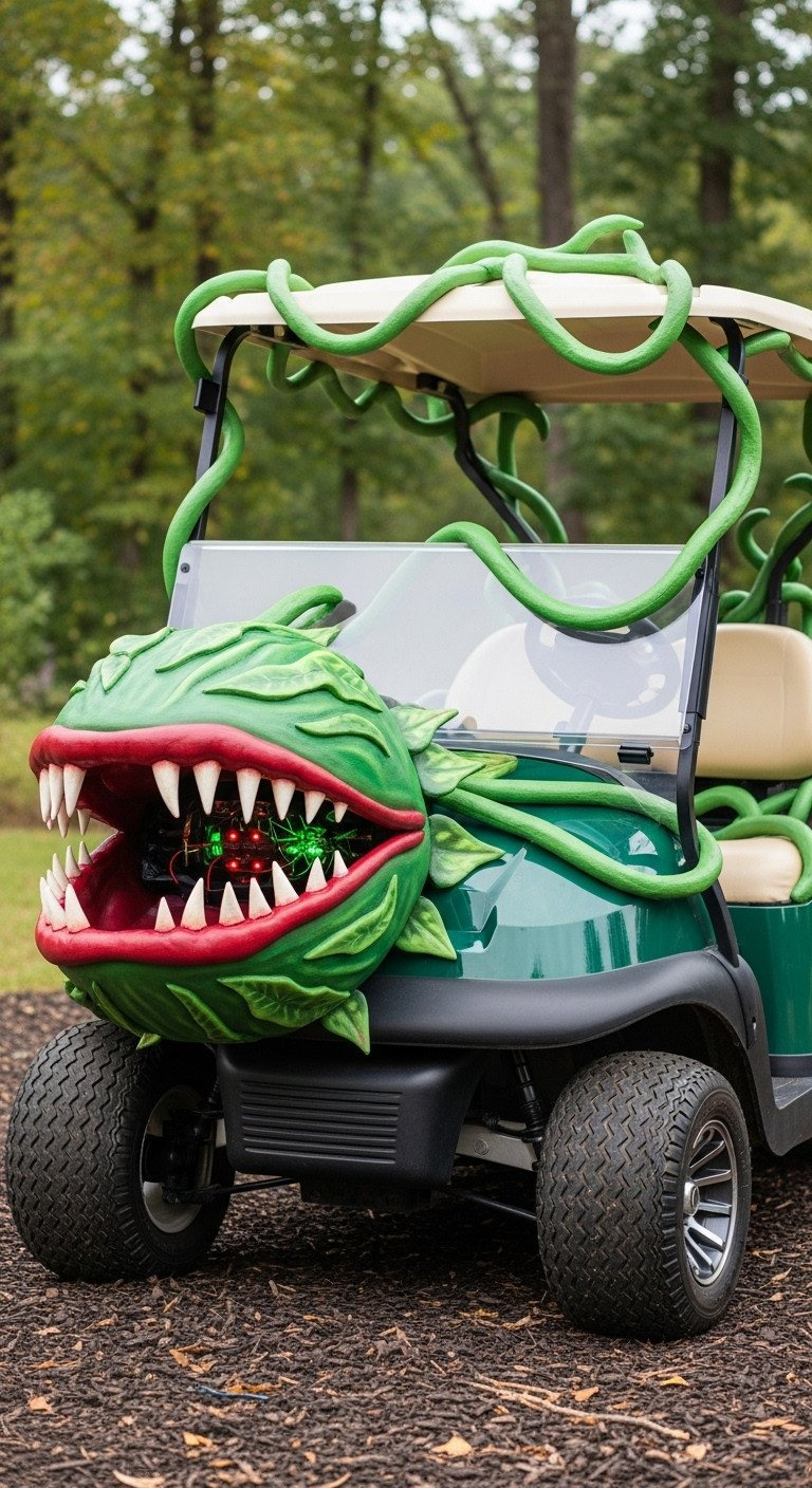 Ravenous Plant Monster Golf Cart With Massive Foam Head, Gaping Mouth, Twisting Vines, And Flickering Led Lights.
