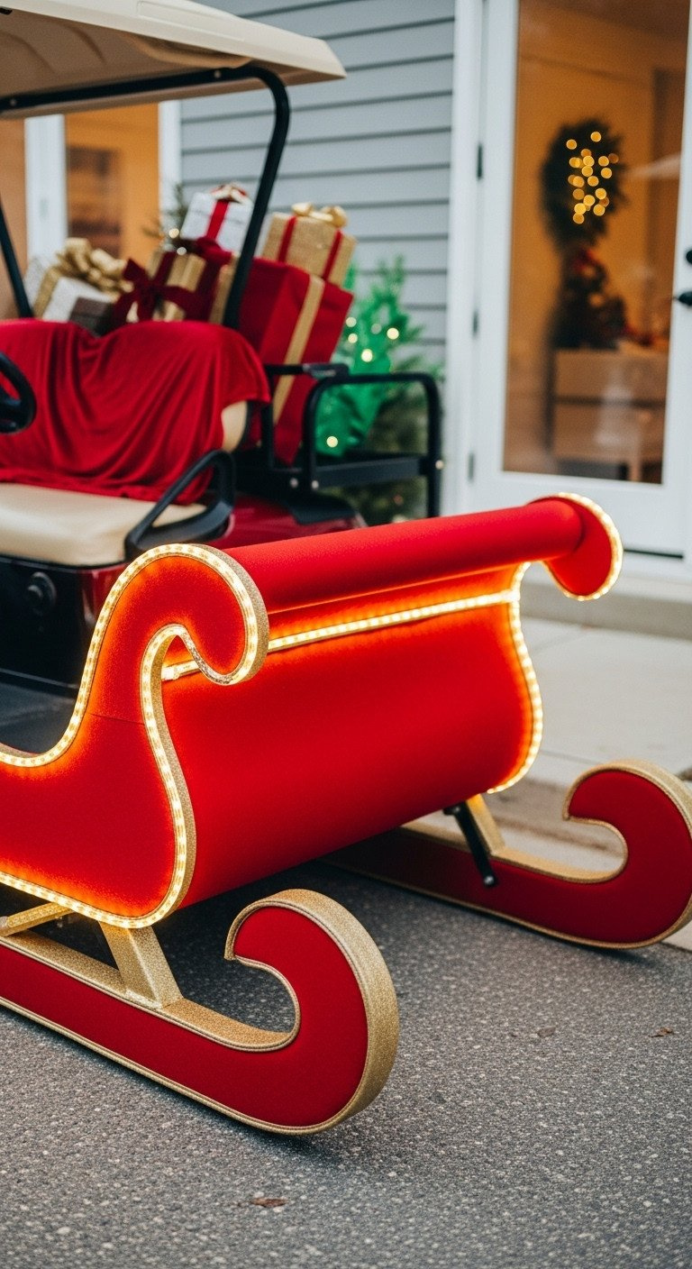 9 Genius Golf Cart Decorating Ideas Structural Pvc Guide Red Golf Cart Santa'S Sleigh: Plush Red Felt, Gold Trim, Warm White Led Lights, Festive Gift Boxes, Velvet, Holiday Decor.