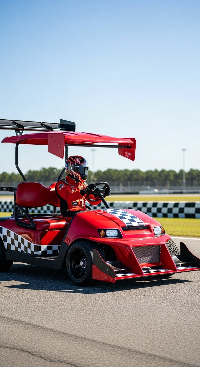 11 Genius Golf Cart Decorating Ideas To Win Every Contest Red Race Car Golf Cart, Spoilers, Racing Decals, Helmeted Driver, Asphalt Track. Speed.