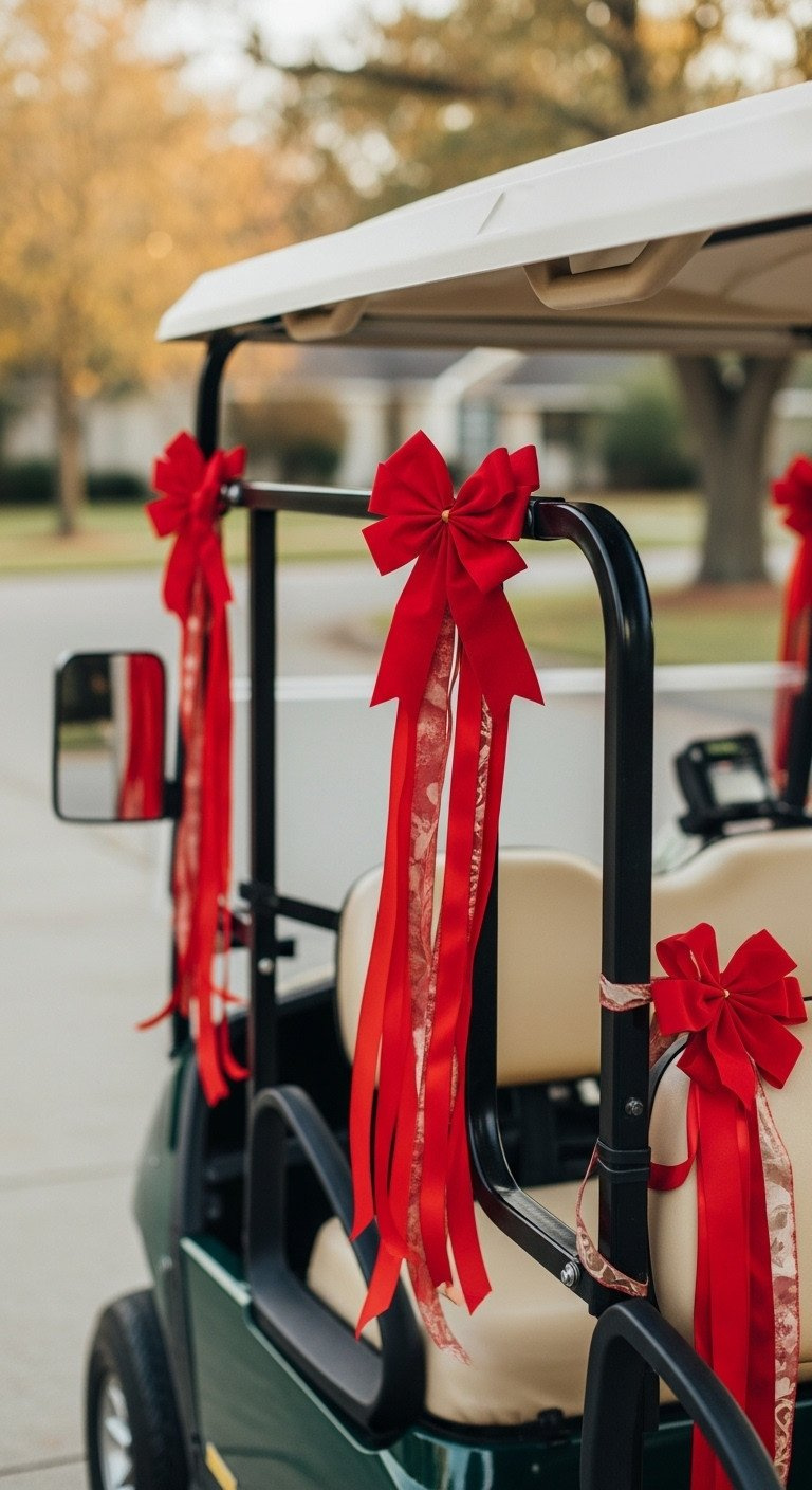 Red Velvet Magnetic Christmas Bows With Flowing Ribbons Adorn A Golf Cart Railing, Creating A Cozy Holiday Display.