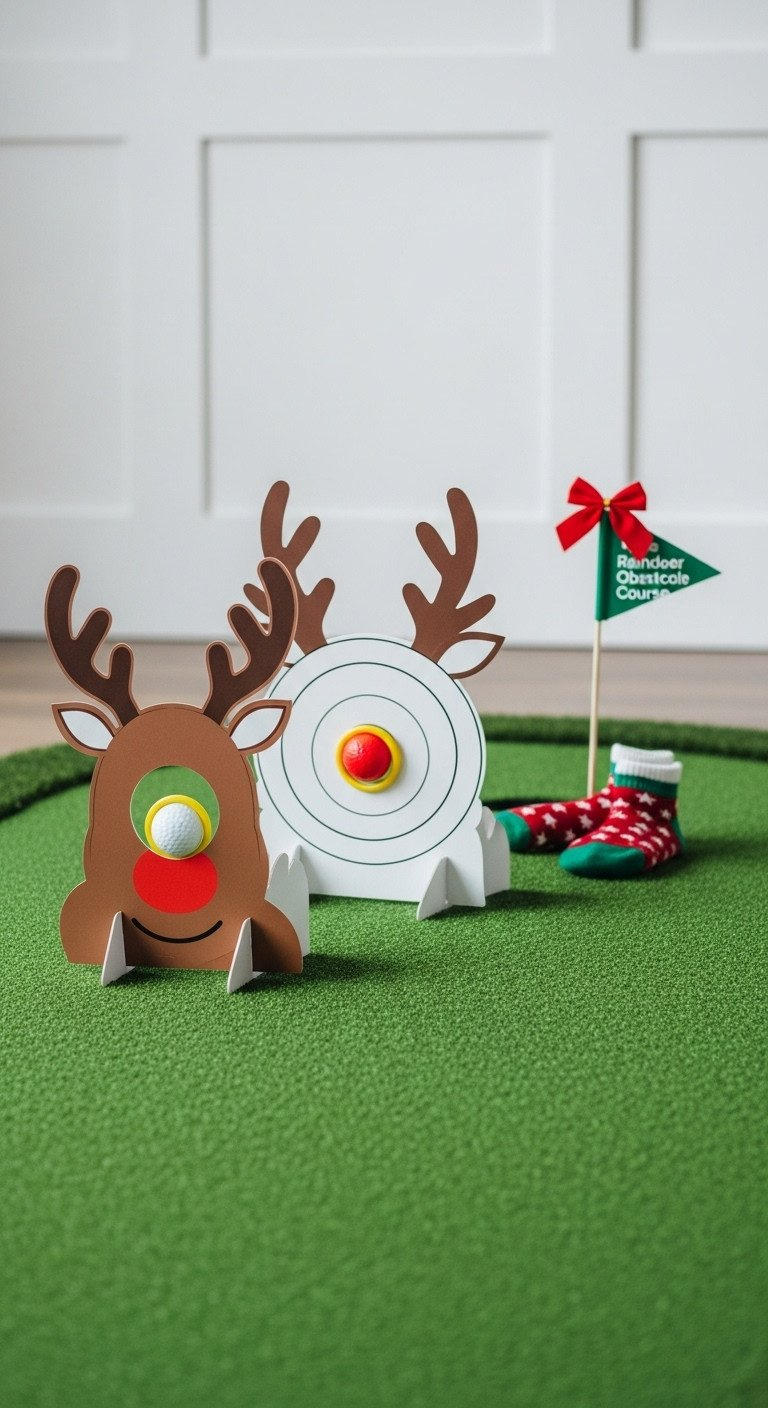 Reindeer Rings Obstacle Course With Three Themed Targets On A Green Putting Mat As A Golf Ball Enters A Ring.