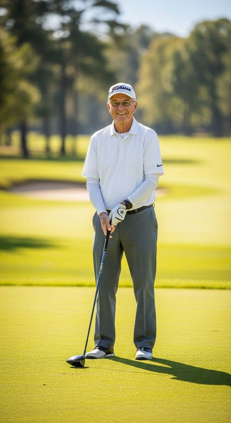 11 Golf Senior Picture Secrets And Pro Photography Tips Relaxed Senior Golfer Standing Confidently, Holding Clubs On A Lush Green Fairway With Soft Bokeh Background.