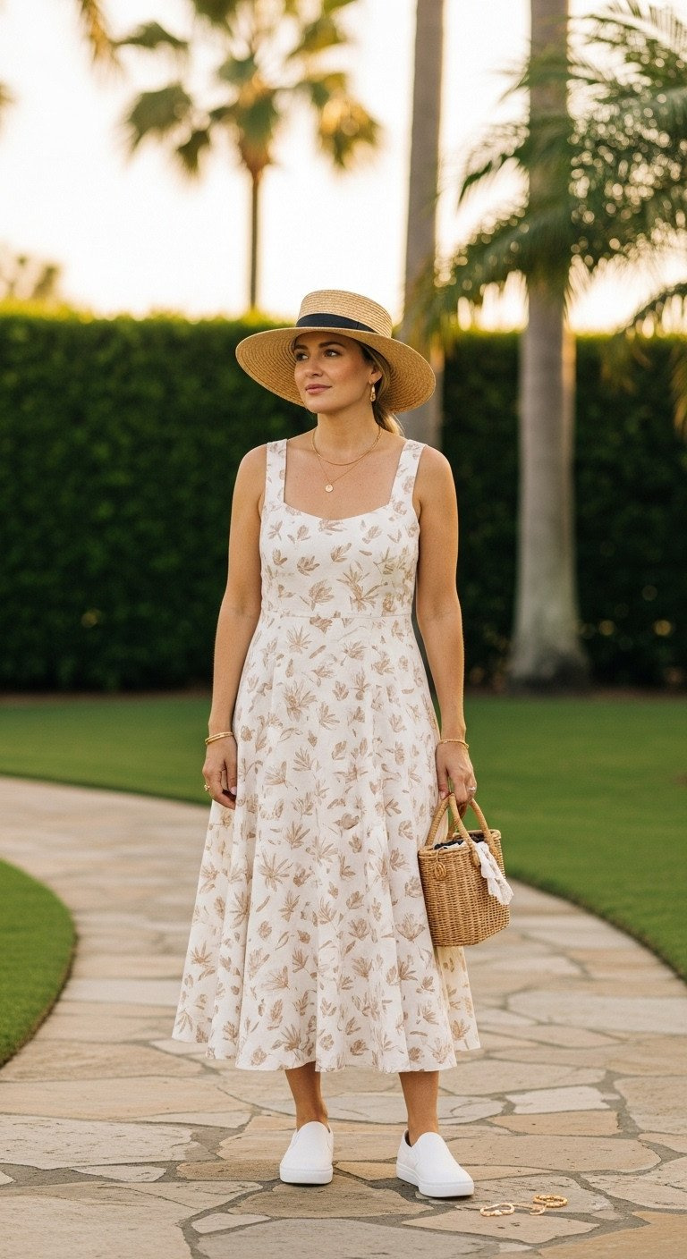 Resort Chic Golf Spectator Outfit: Tropical Print A-Line Sundress, White Slip-On Shoes, Straw Hat On Flagstone Path.