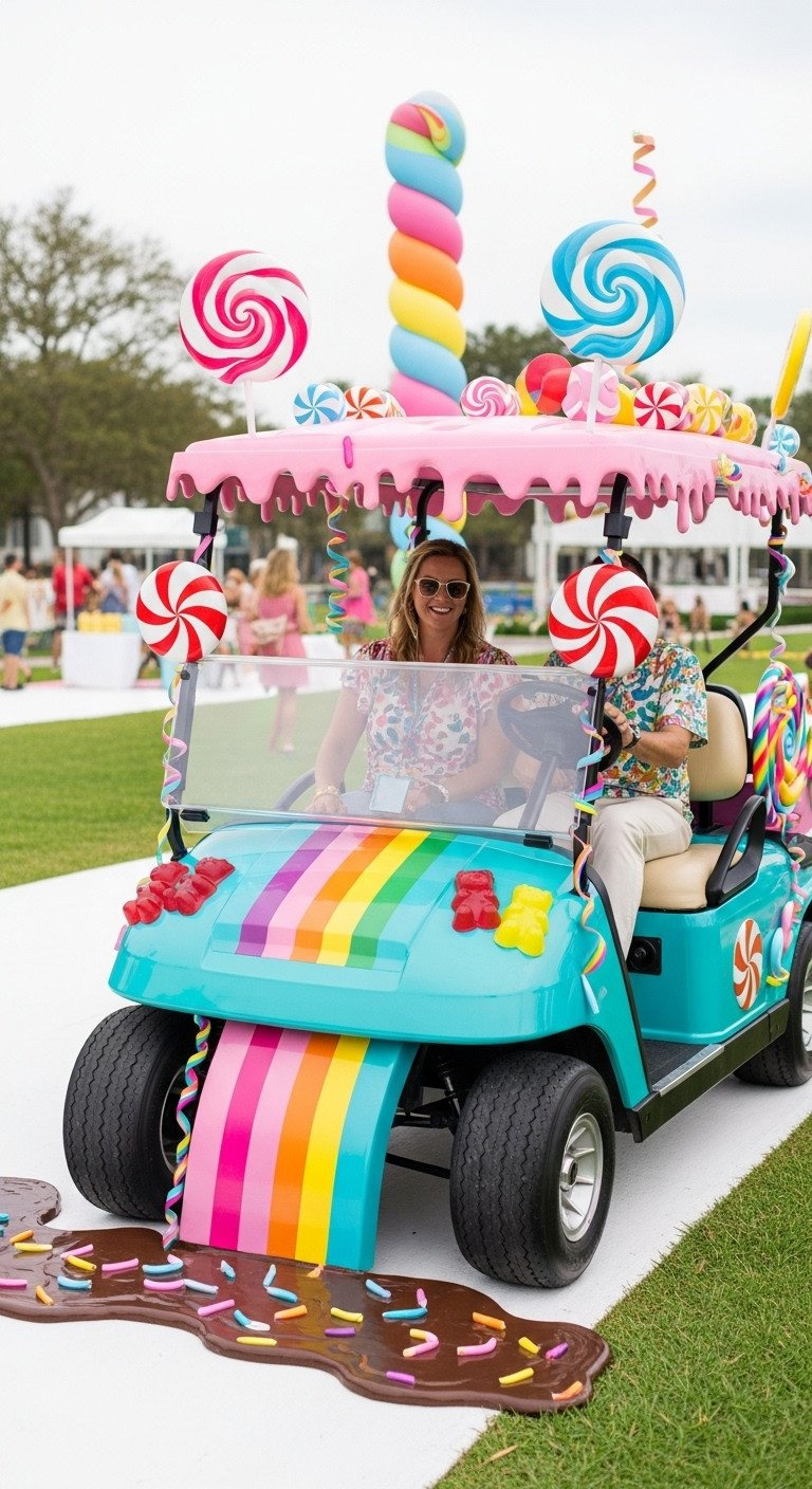 11 Genius Golf Cart Decorating Ideas To Win Every Contest Retro Candy Land Golf Cart: Pink, Oversized Candy Props, Rainbow Decals, Pastel Passengers, Park Setting. Fun.