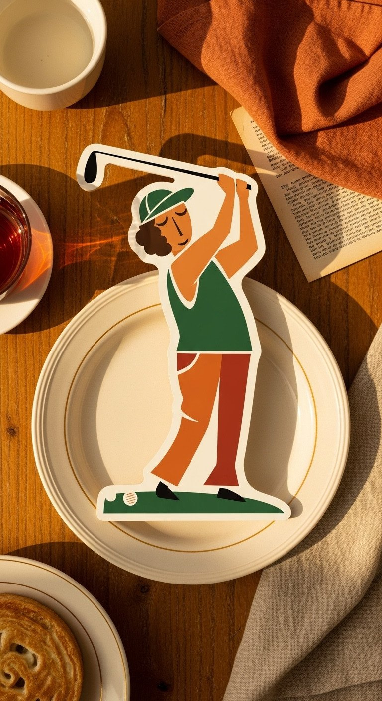 Retro Mid-Century Modern Golf Illustration: Stylized 1960S Golfer With Geometric Shapes, Muted Colors On A Vintage Ceramic Plate.