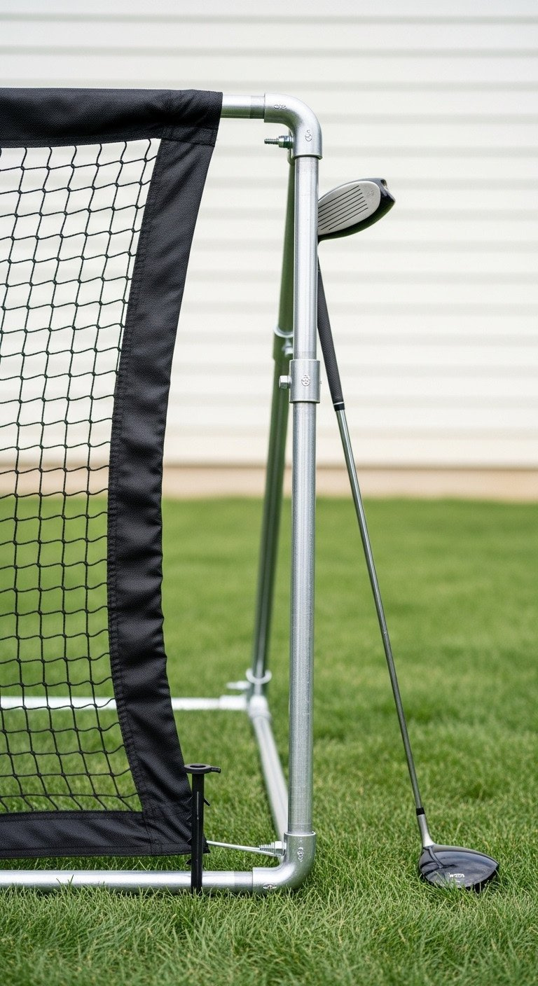 Robust 10X10Ft Diy Golf Net With Shiny Metallic Emt Conduit Frame, #24 Netting, Ground Anchors On Green Backyard Turf.