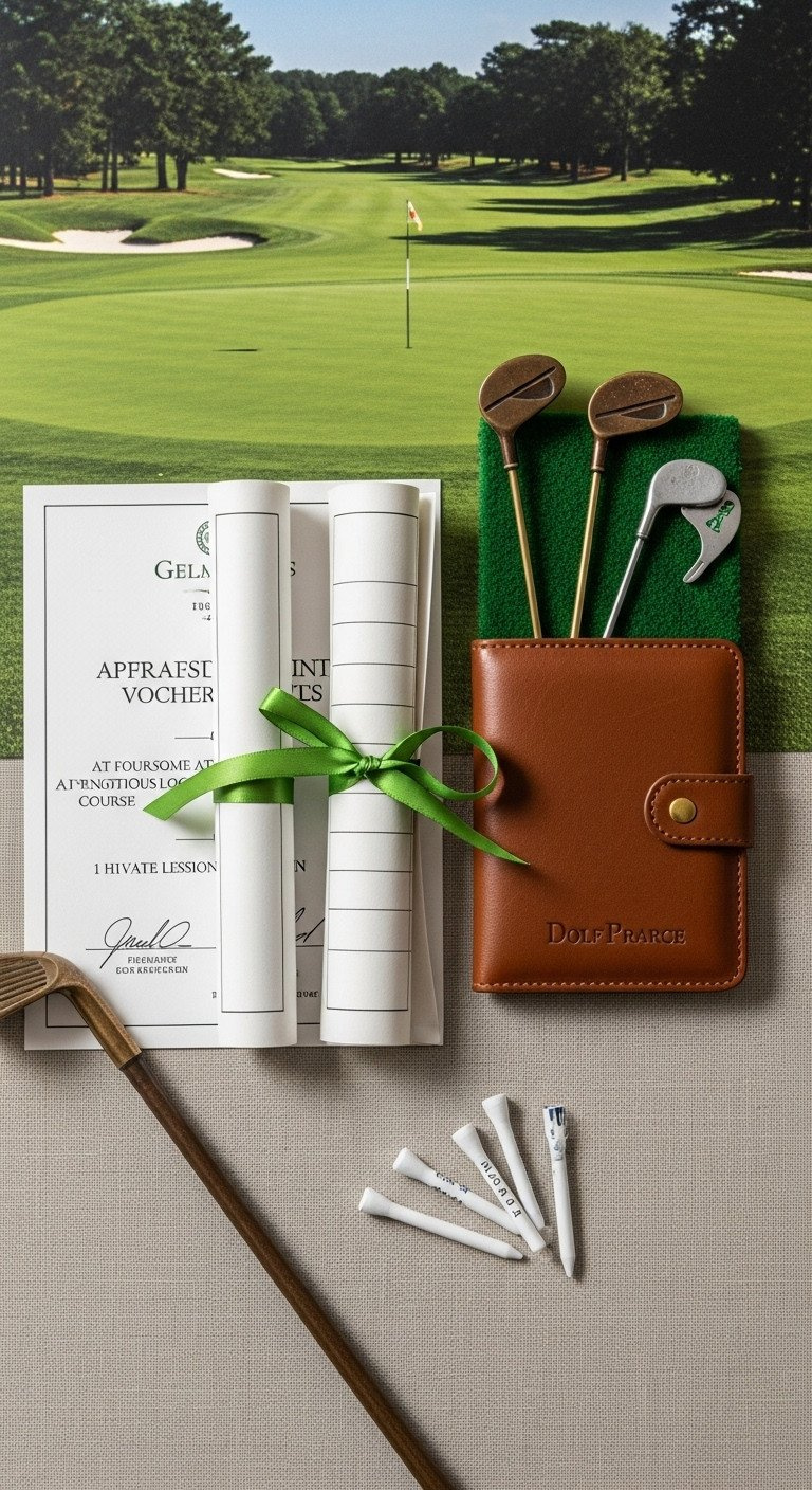 Rolled Golf Gift Certificates For A Foursome &Amp; Private Lesson, Silk Ribbon, Leather Scorecard Holder, Putting Equipment. Premium Golf Experience.