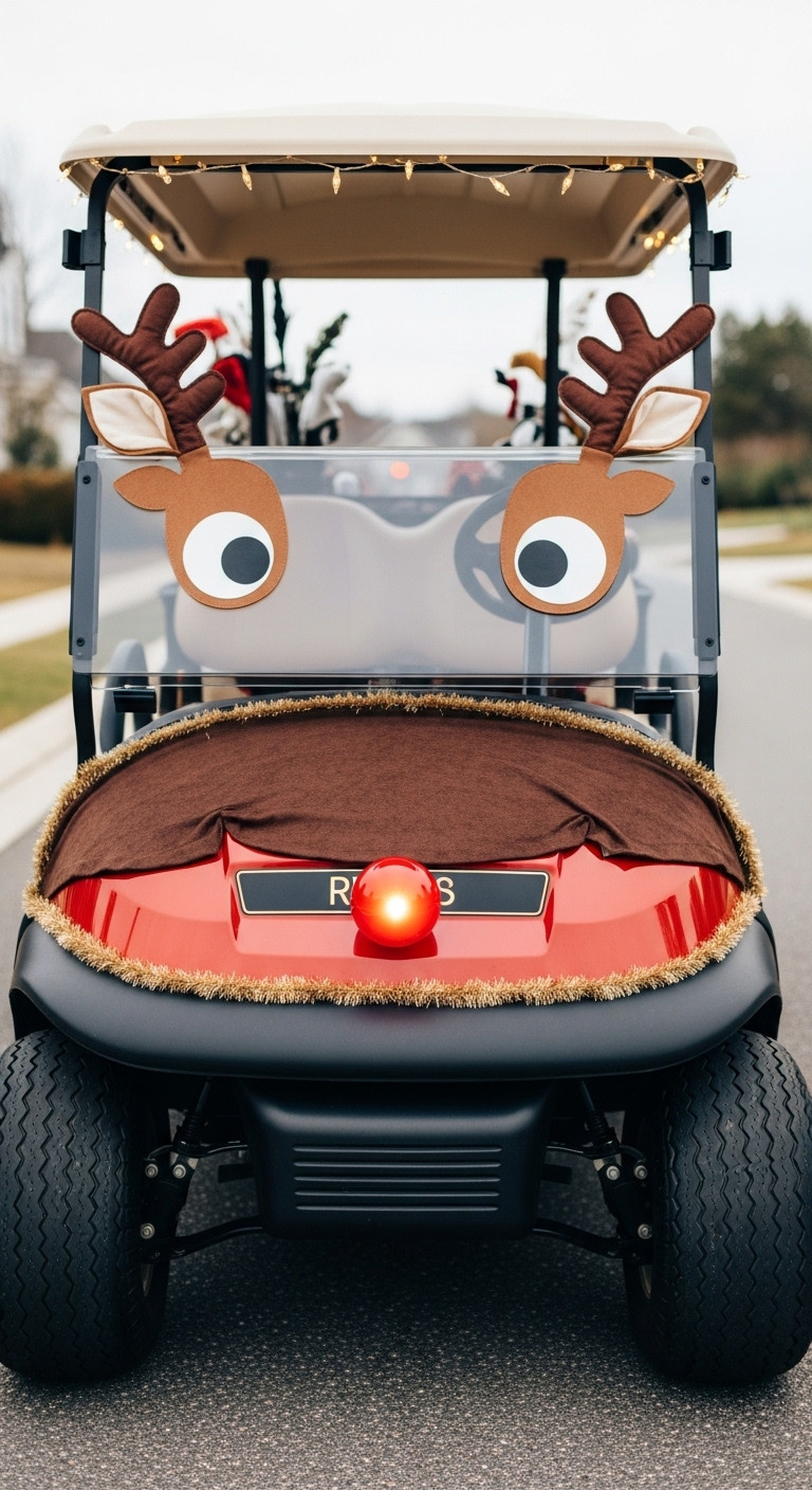 Rudolph Golf Cart With Glowing Red Nose, Reindeer Eyes/Ears, Brown Fabric, And Warm White Perimeter Lights.