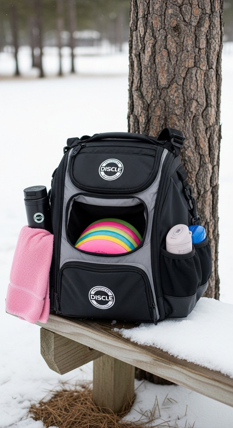 Rugged Black &Amp; Gray Disc Golf Bag Filled With Bright Discs, Towel, And Hand Warmers On A Snowy Bench At A Winter Course.