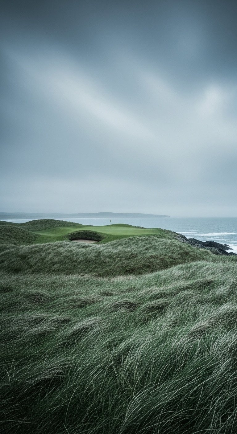 Rugged Coastal Links Golf Course: Rolling Fescue Grass, Misty Teal Sky, And Tranquil Gray Ocean.