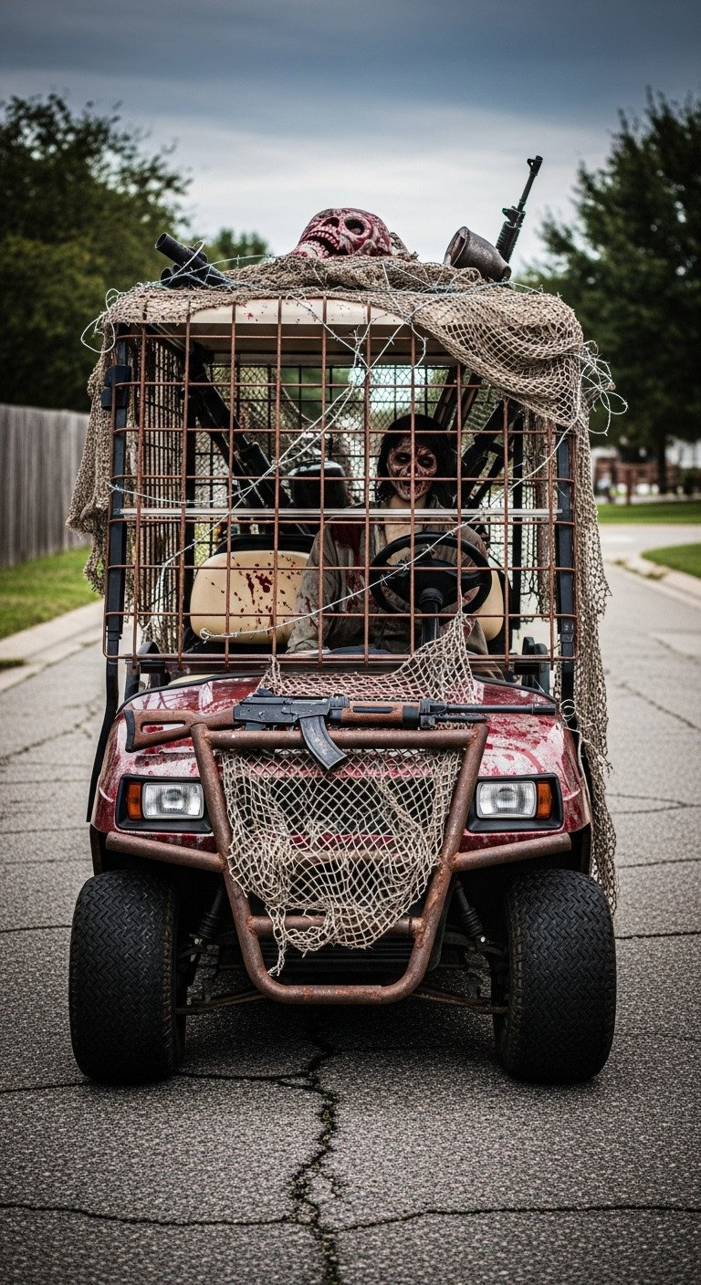 Rusted Zombie Apocalypse Golf Cart Survival Vehicle With Caged Roof, Faux Barbed Wire, Fake Blood, And A Mannequin Survivor.