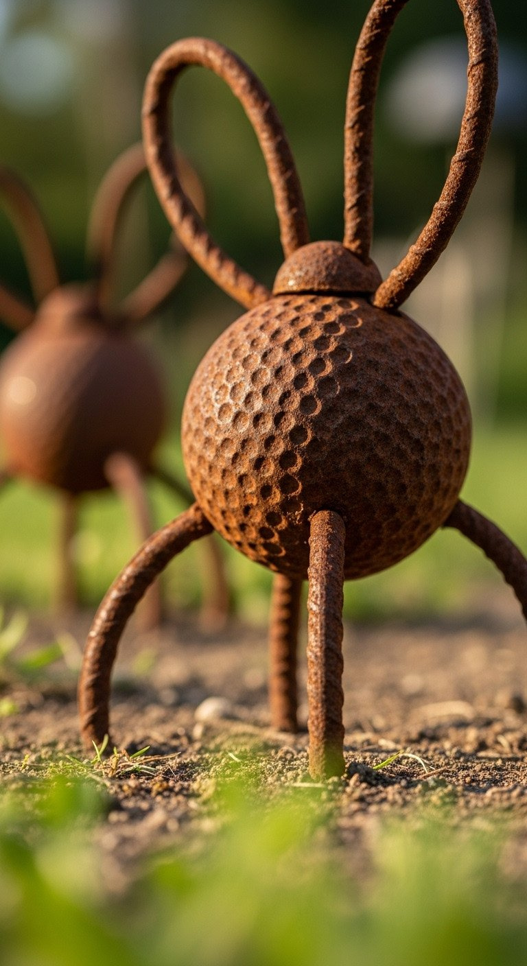 Rustic Garden Sculpture Of A Golf Ball Base With Rust-Patina Rebar, Set Against Sunlit Green Foliage. Perfect For Outdoor Art Decor.
