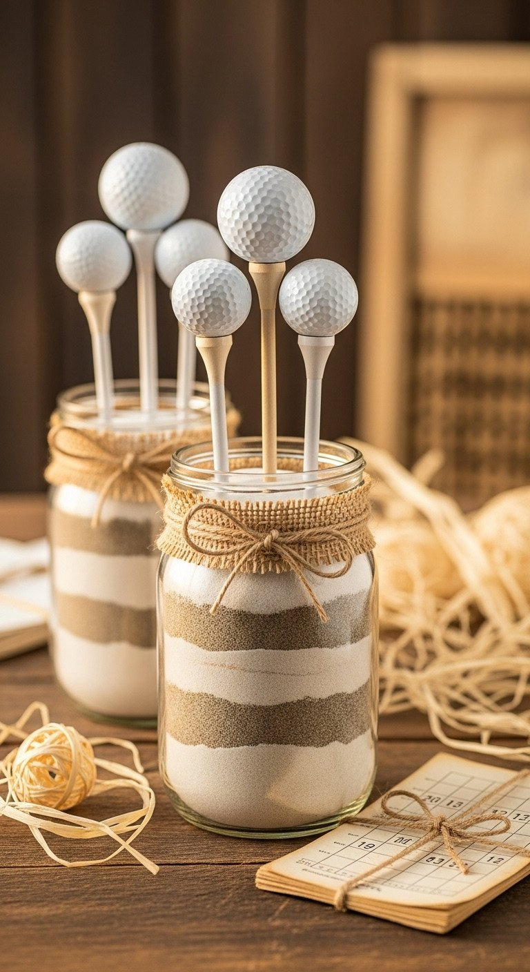 Rustic Golf Centerpiece: Three Mason Jars With Layered Sand, Golf Tees, And Balls. Burlap, Raffia, Vintage Scorecard On Wood.