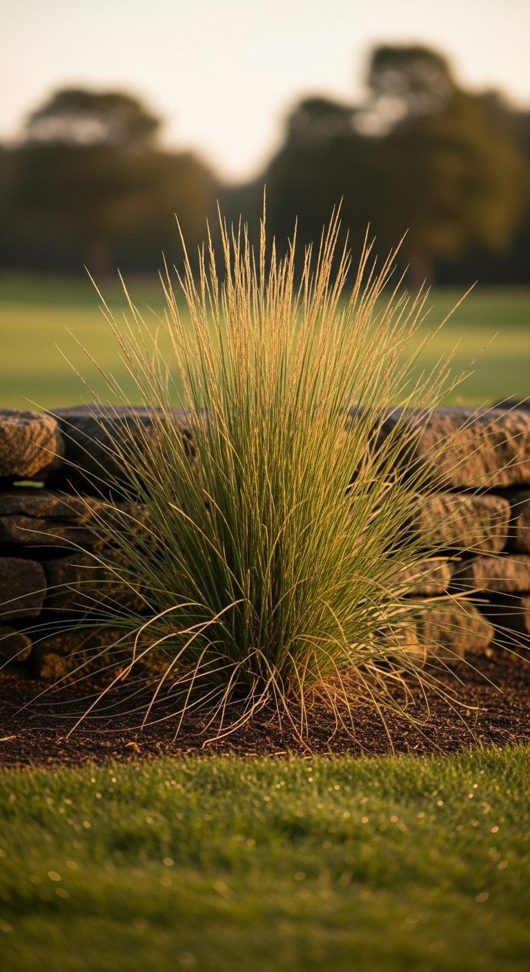 Rustic Golf Course With Wispy Olive Green Fescue Grass, Dark Fieldstone Wall, And Earthy Brown Soil.