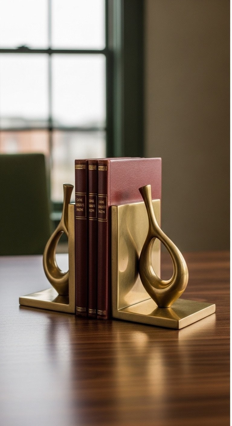 Sculptural Brass Bookends Shaped Like A Golf Swing Holding Leather-Bound Books On An Elegant Dark Walnut Desk By A Window.