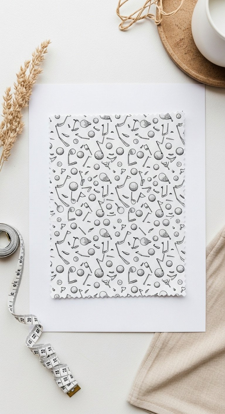 Seamless Black Line Art Golf Doodle Pattern With Balls, Flags, Clubs On White Fabric, With A Measuring Tape And Apparel.