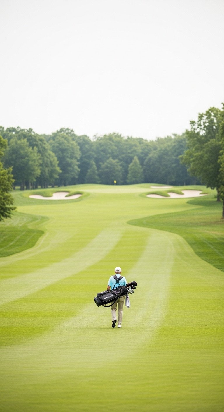 11 Golf Senior Picture Secrets And Pro Photography Tips Senior Golfer Walking Down A Long, Green Fairway, Carrying Golf Bag Over Shoulder, Leading Lines.
