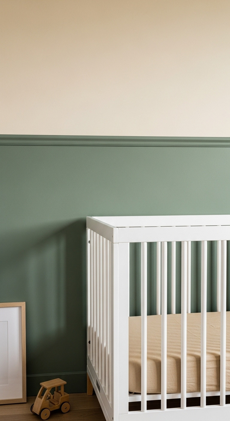 Serene Vintage Golf Nursery With Sage Green Wall, Creamy Khaki Molding, White Wooden Crib, Linen Sheet, And Toy Golf Cart. Peaceful Baby Room Decor.