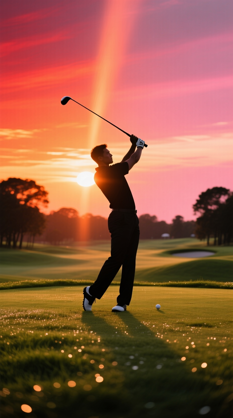 11 Golf Sunset Aesthetic Ideas For Breathtaking Photos Silhouette Of A Golfer At The Peak Of Their Backswing Against A Fiery Orange And Pink Sunset On A Manicured Golf Course.