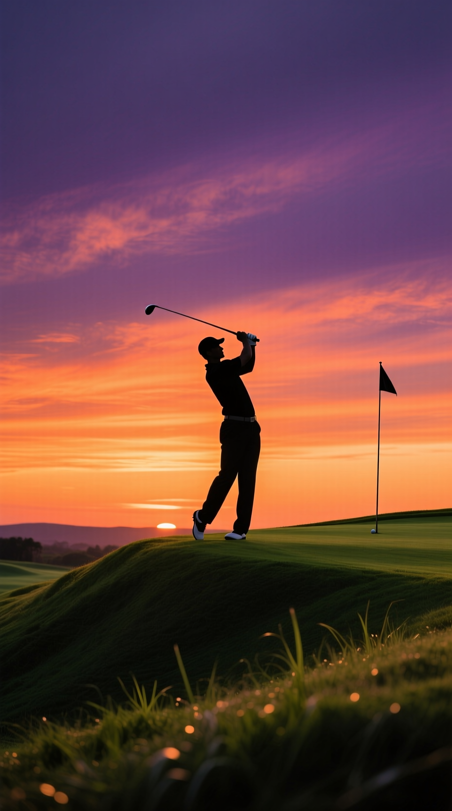 Stunning Golf Aesthetic Backgrounds And Wallpapers In 4K Silhouette Of A Lone Golfer In Mid-Swing On A Hilltop Green Against A Vibrant Orange And Purple Sunset Sky.