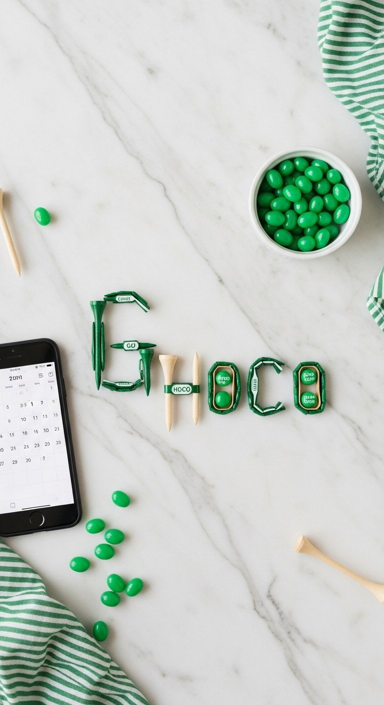 Simple Golf Proposal: Word Spelled With Golf Tees And Candies On A Marble Countertop, With Green Jelly Beans.