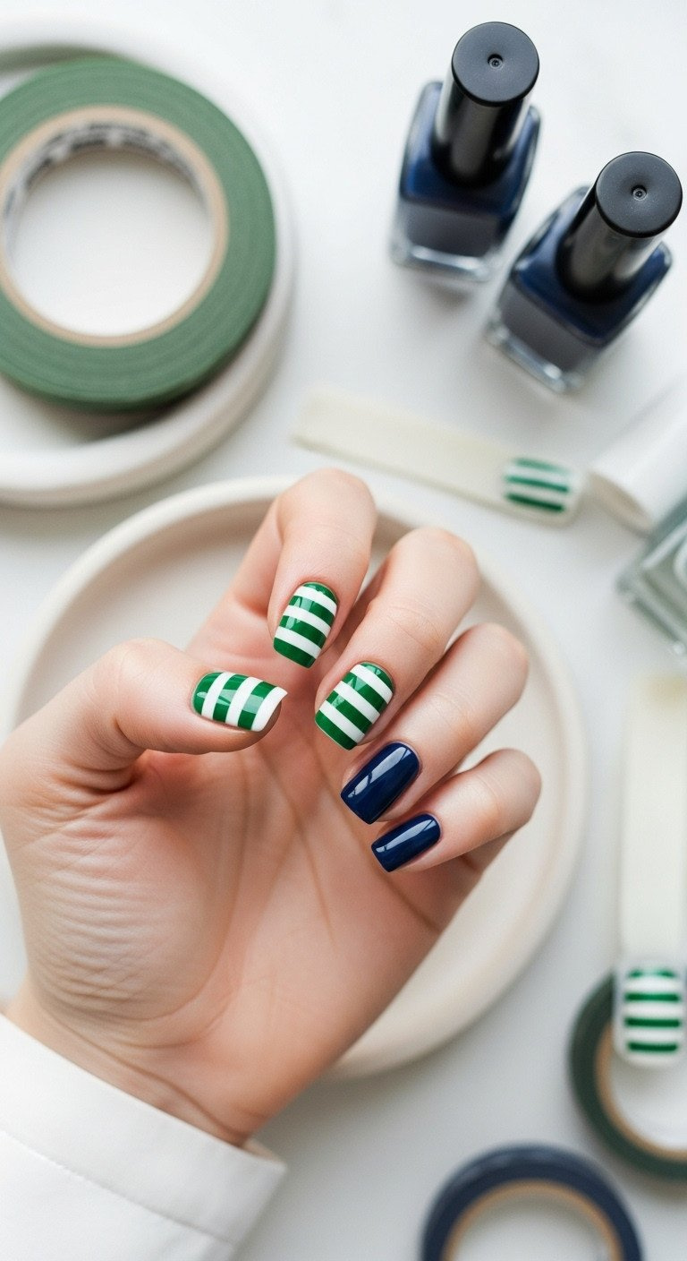 9 Genius Golf Nail Art Designs That Last Through Your Game Simple Stripe And Color Blocking Nail Art: Green, White Stripes &Amp; Solid Navy. Ceramic Surface, Striping Tape, Polish Bottles.