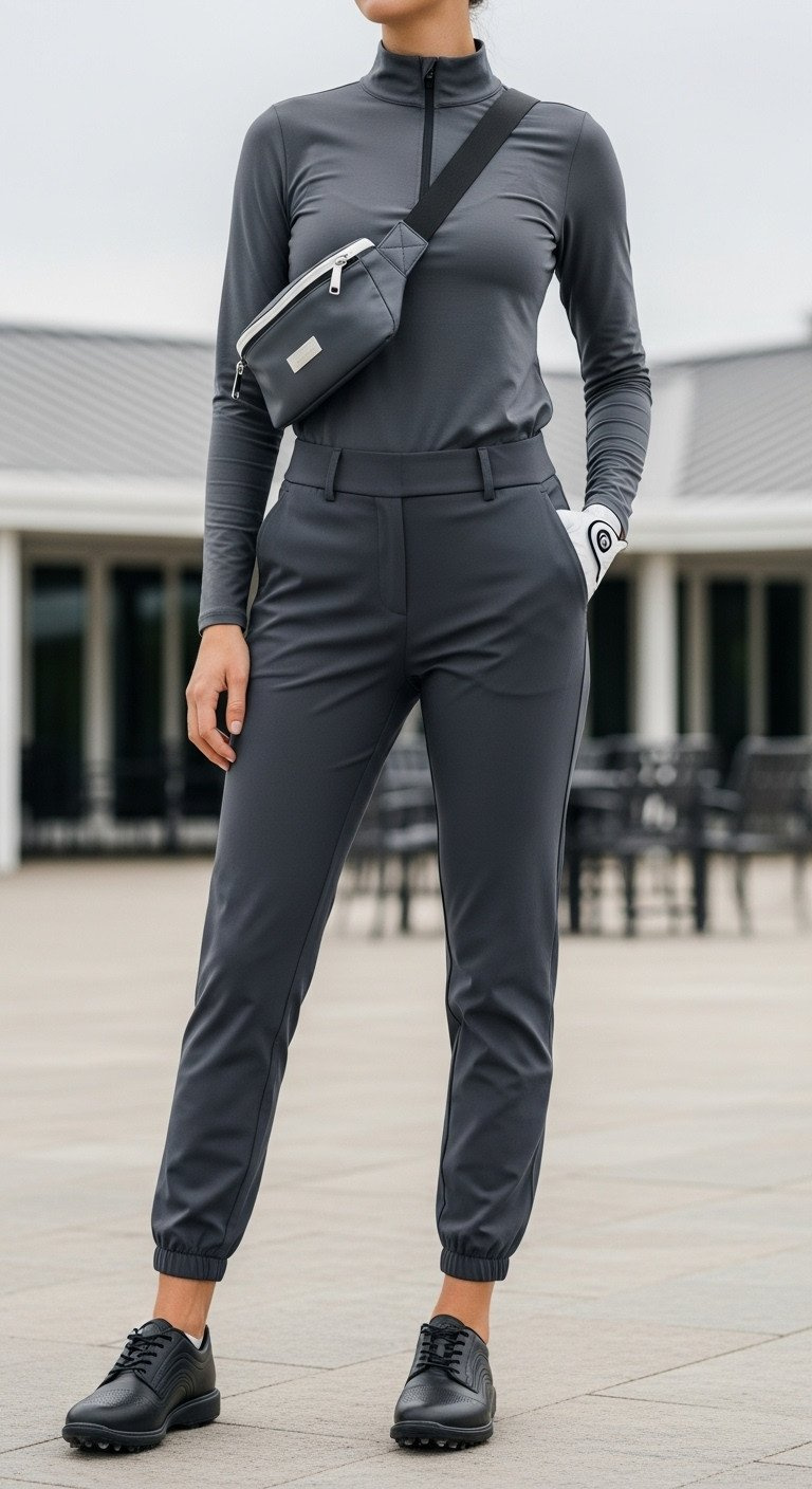 Sleek Athletic Women'S Golf Outfit: Grey Mock Neck Top, Cuffed Joggers, Black Golf Shoe, Belt Bag On Clubhouse Patio.