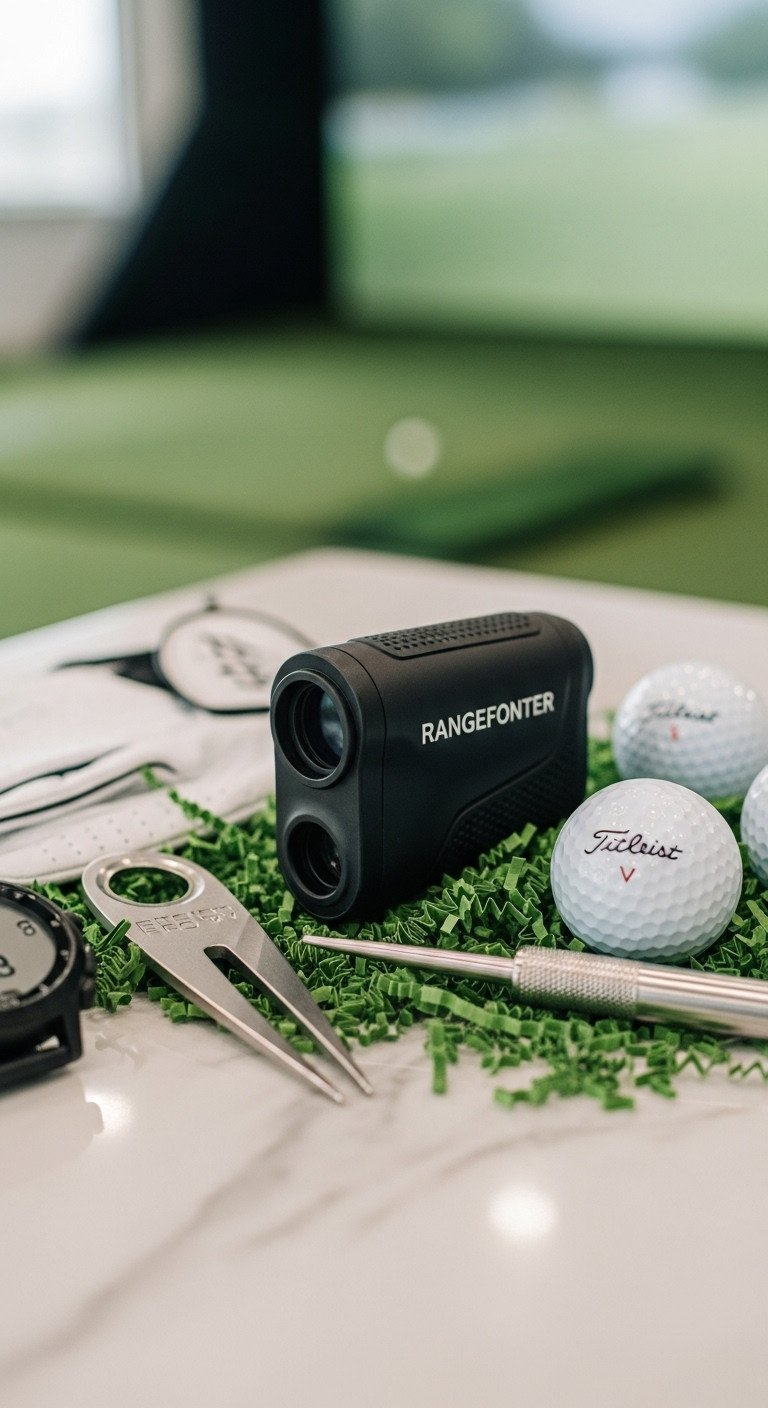 Sleek Black Golf Laser Rangefinder On Green Paper With Premium Golf Balls, Silver Divot Tool, Glove, And Gps Watch. High-End Golf Technology.