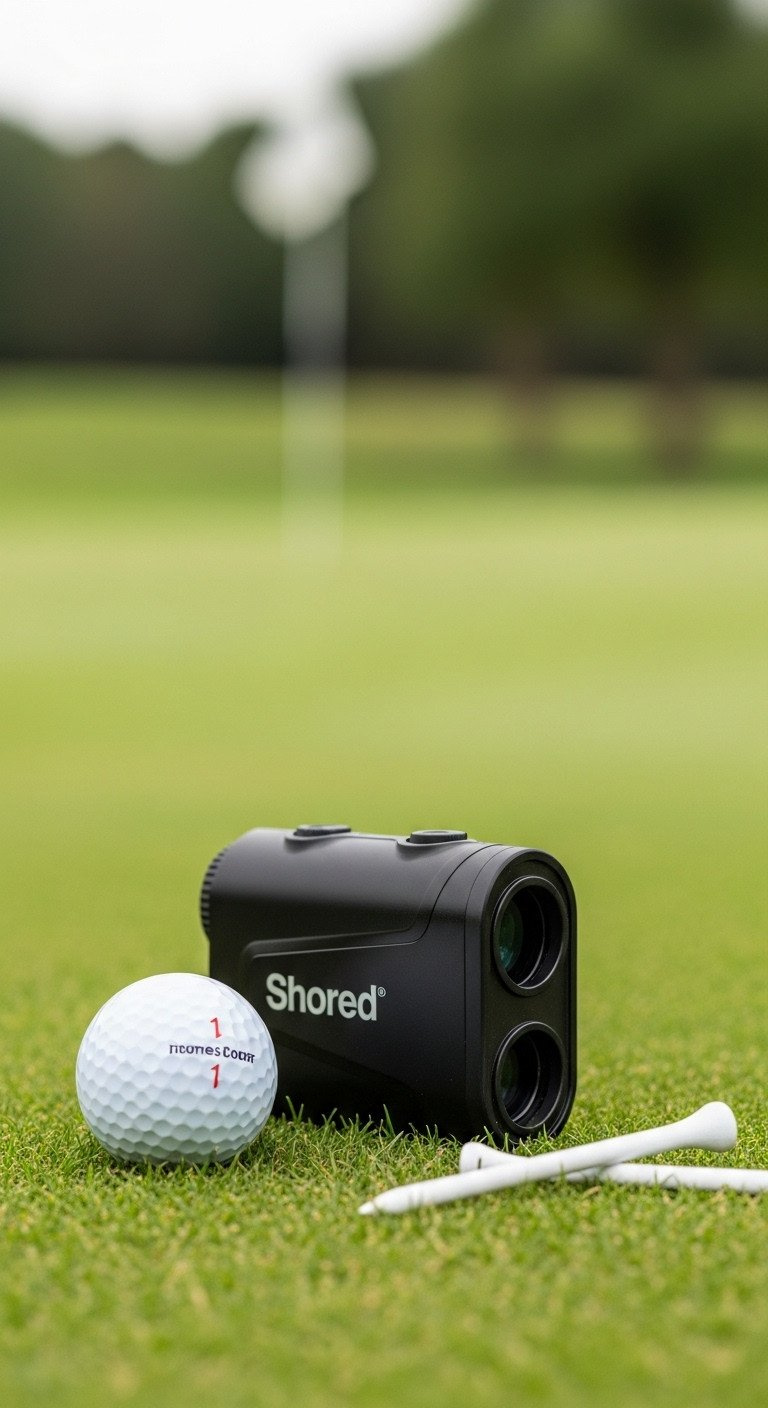 Sleek Black Golf Laser Rangefinder Resting On Green Turf, Optics Towards Blurred Flagstick, Golf Ball, Tees.