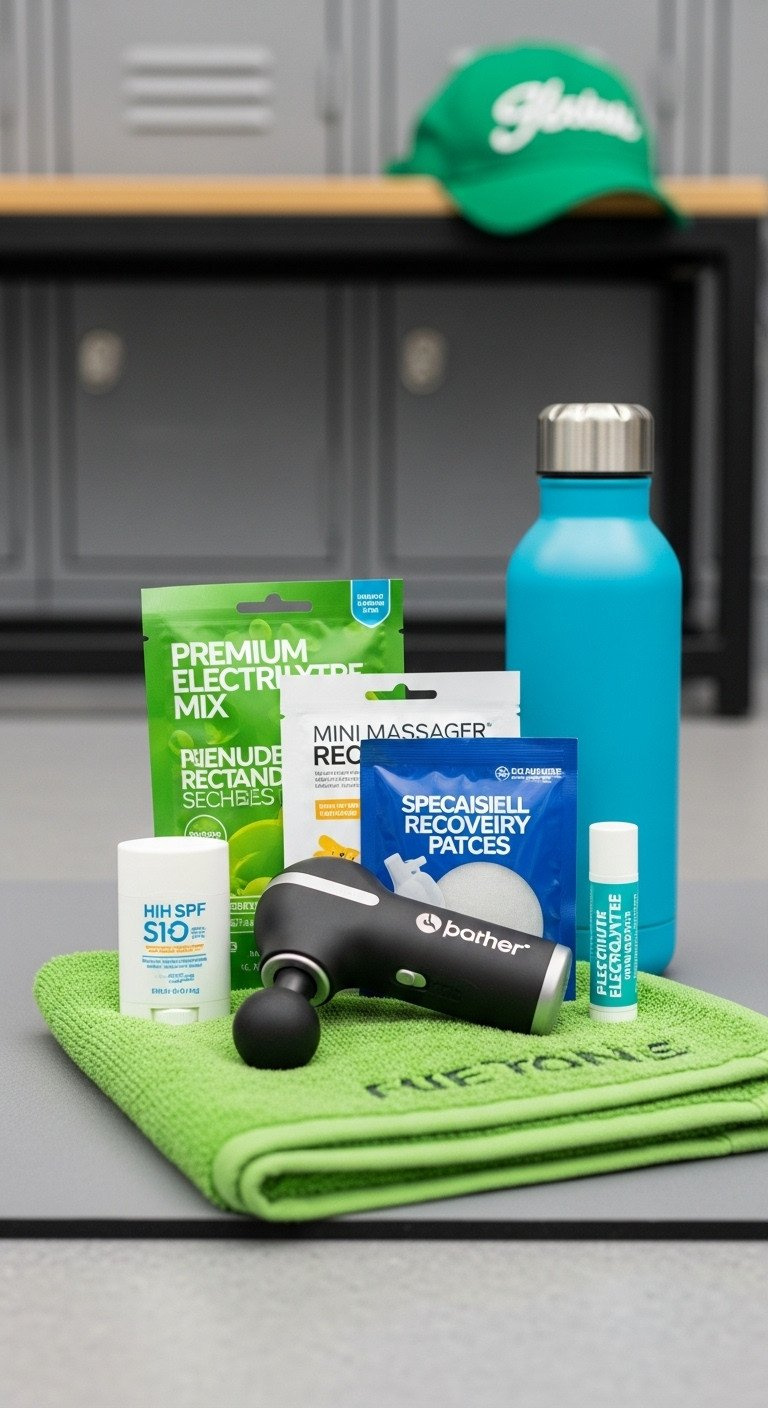 Sleek Mini Percussion Massager On Green Golf Towel With High-Spf Sunscreen, Recovery Patches, And Steel Water Bottle. Golf Wellness.