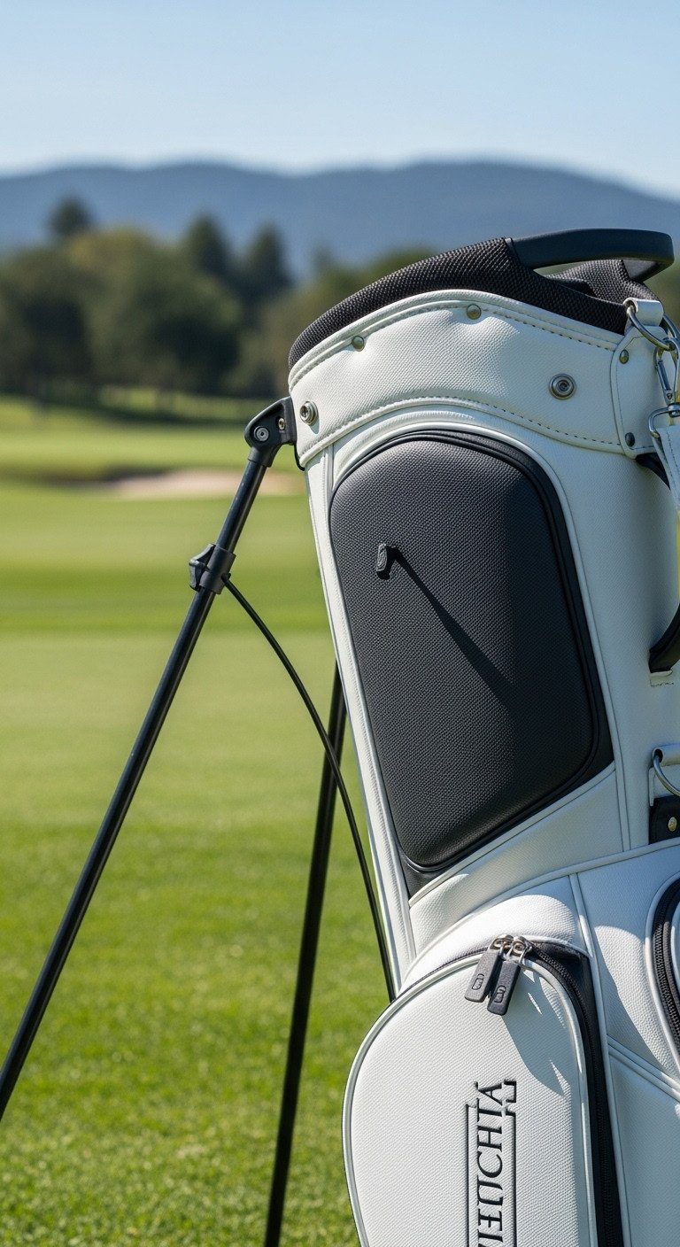 Sleek Off-White Minimalist Stand Golf Bag On A Manicured Golf Course Fairway. Polished Hardware, Blurred Hills &Amp; Trees.