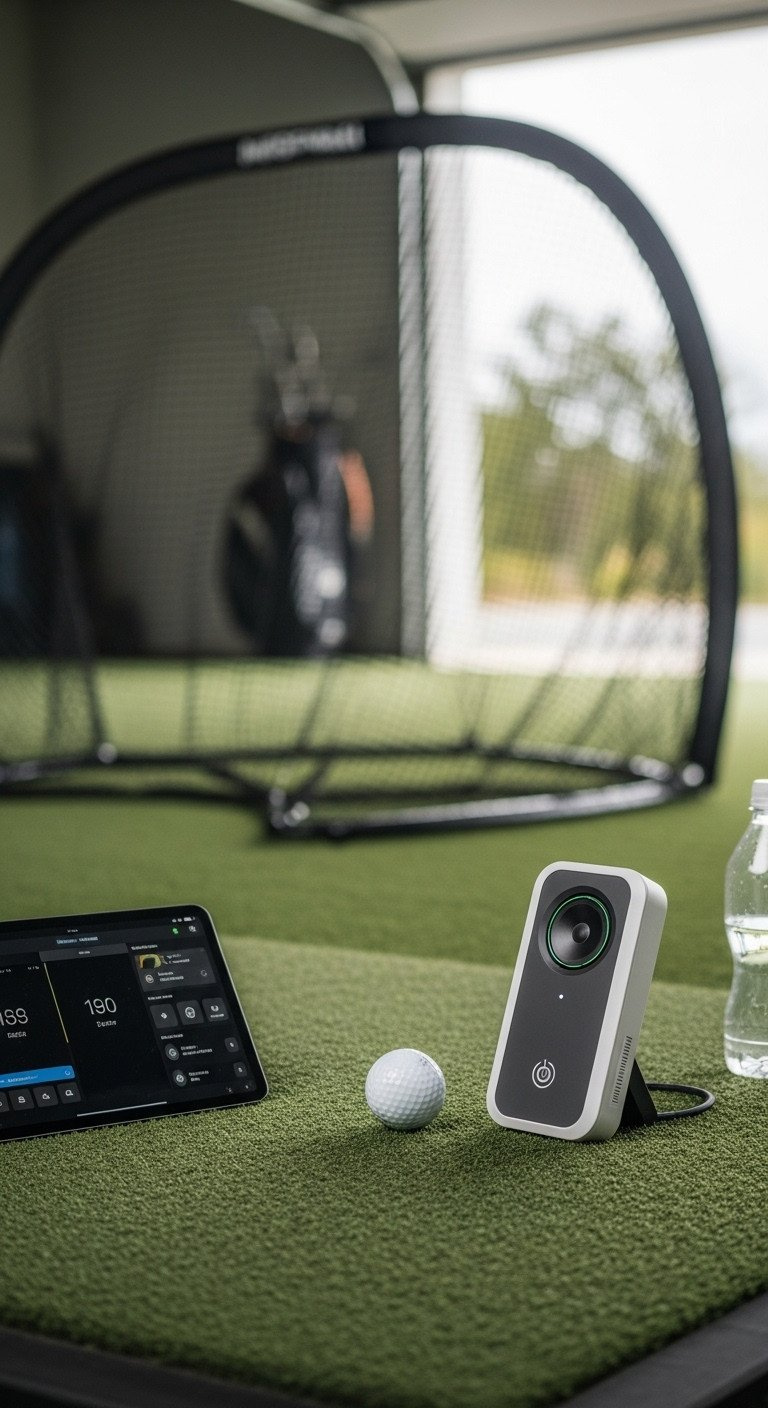 Sleek Personal Golf Launch Monitor And Ball On Hitting Mat, Actively Recording Data For Home Practice.