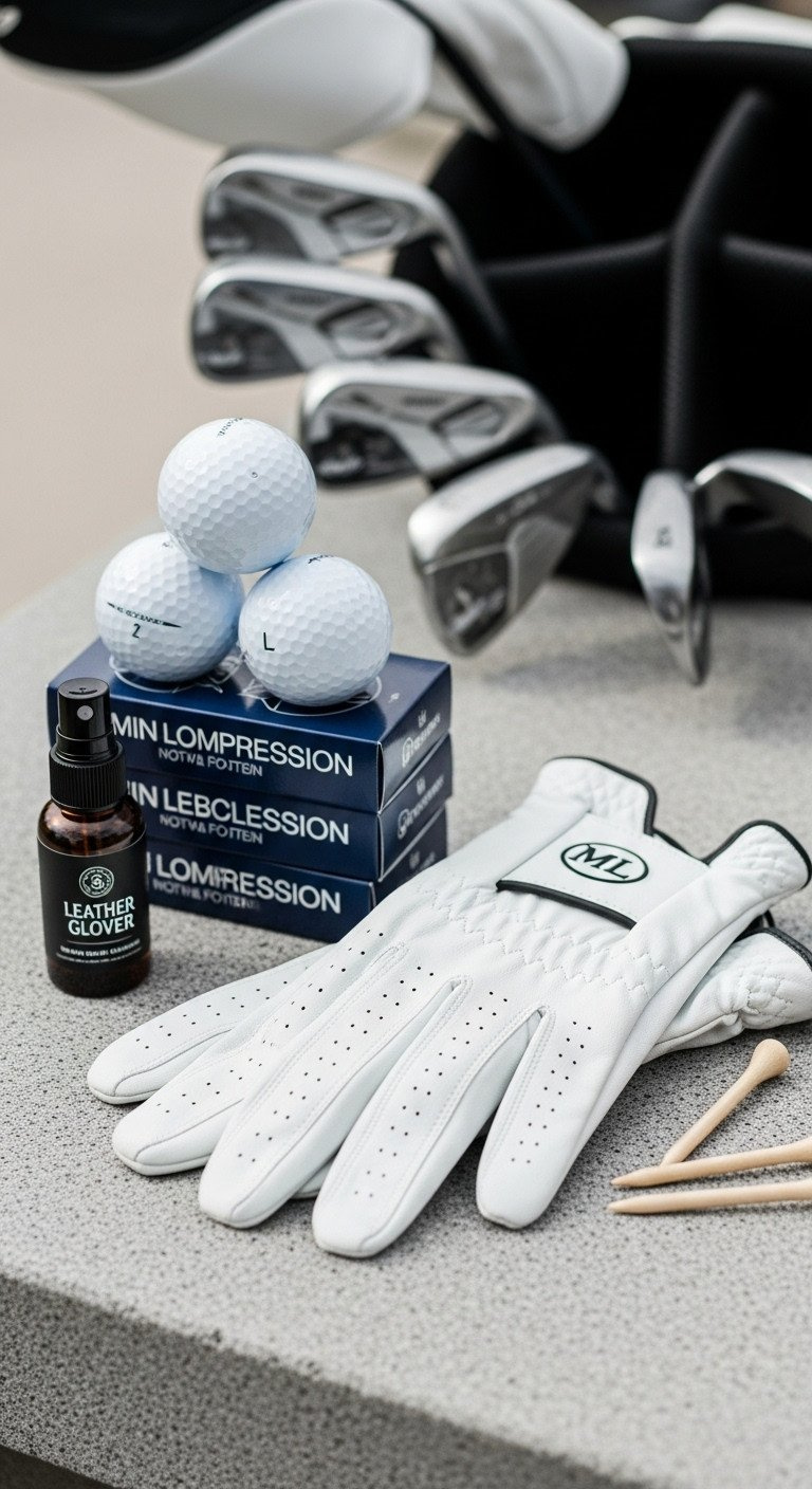 Sleeves Of Premium Low-Compression Golf Balls And White Leather Golf Gloves. Performance Golf Gear With Cleaner And Wooden Tees.