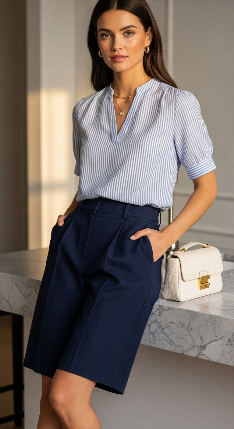Smart Bermuda Shorts Golf Outfit: Navy Tailored Shorts, Striped Blouse, Understated Handbag On Marble.