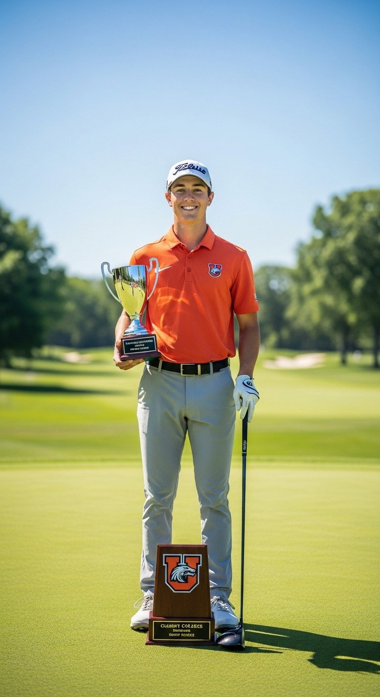 11 Golf Senior Picture Secrets And Pro Photography Tips Smiling Senior Golfer In College Polo, Holding High School Trophy And Driver On A Vibrant Tee Box.