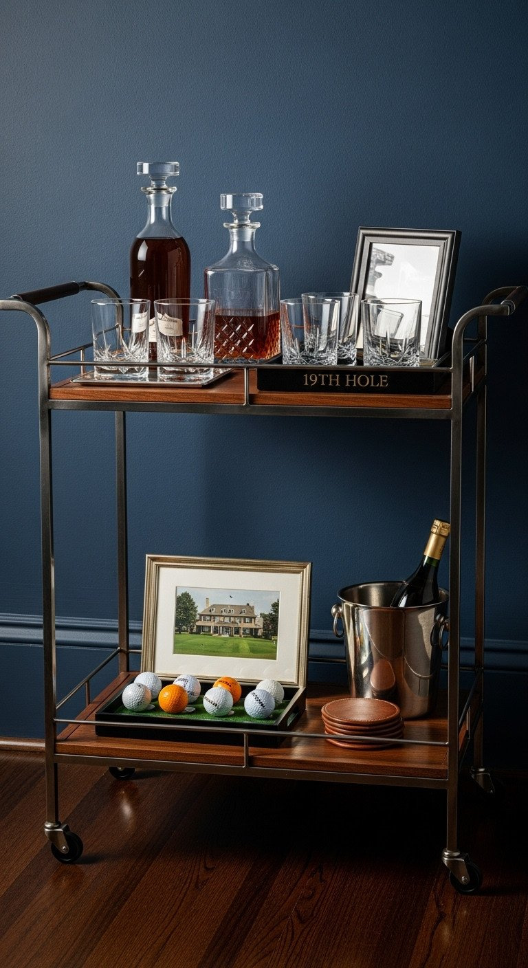 Sophisticated '19Th Hole' Bar Cart With Decanters, Crystal Glasses, Vintage Golf Ball Markers, And A Clubhouse Photo. Luxury Man Cave Bar.