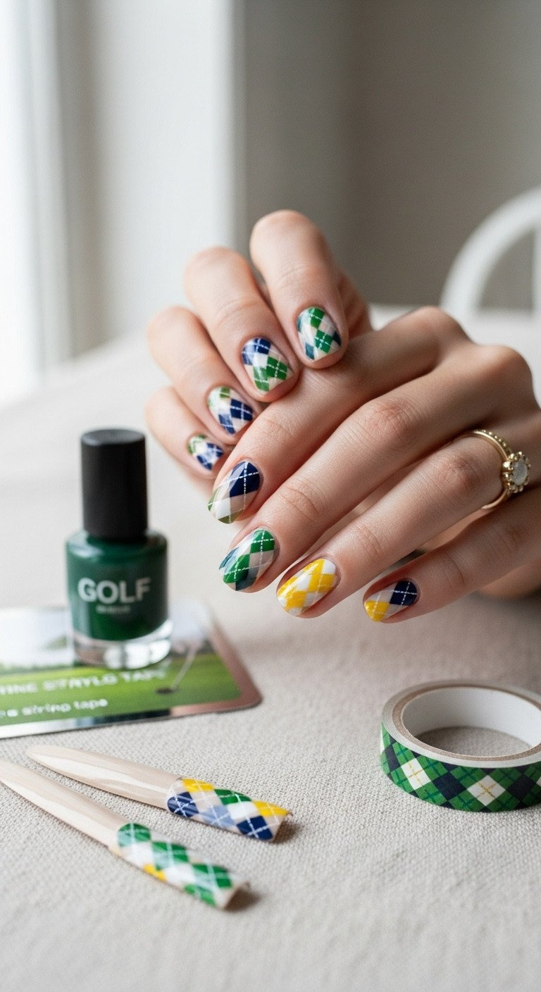 9 Genius Golf Nail Art Designs That Last Through Your Game Sophisticated Argyle Pattern Nail Art In Navy, Emerald, White, Yellow On Beige Base. Linen Tablecloth, Stamping Plate, Striping Tape.