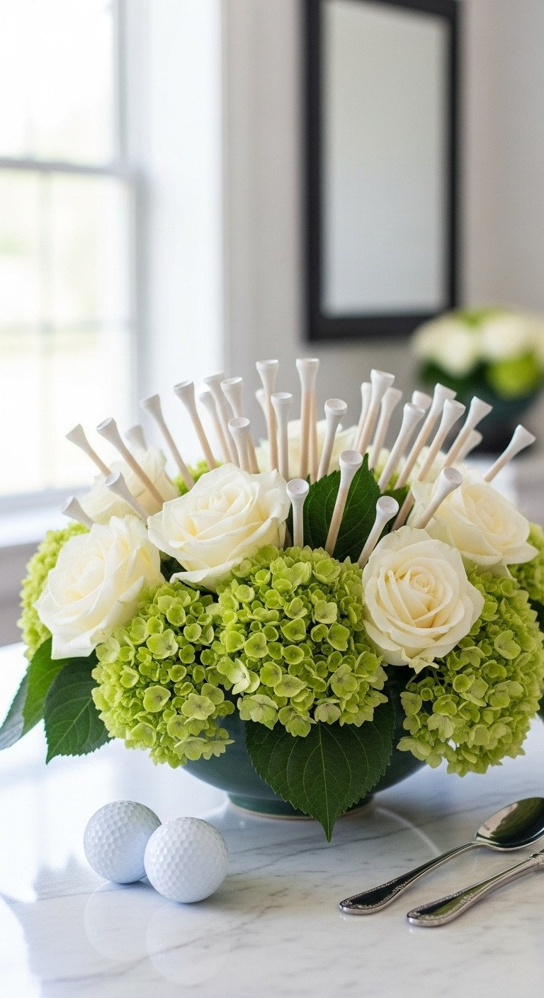 Sophisticated Floral Golf Centerpiece: White Roses, Green Hydrangeas With Golf Tees, White Golf Balls On Marble.