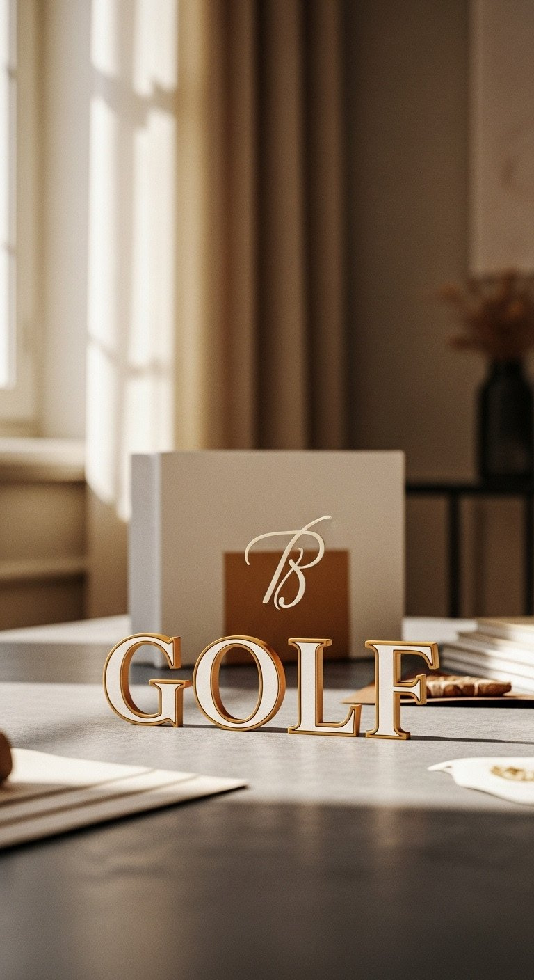 Sophisticated Golf Wordmark Logo, Sans-Serif Font, Perfect Kerning On Gray Stone, Minimalist Interior. Warm Creams &Amp; Golden Browns.